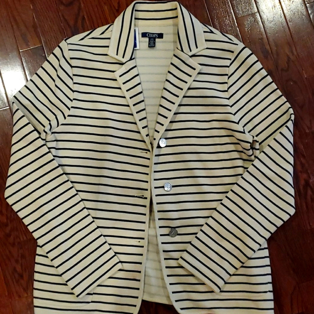 Chaps cream/navy sweater jacket, size L.